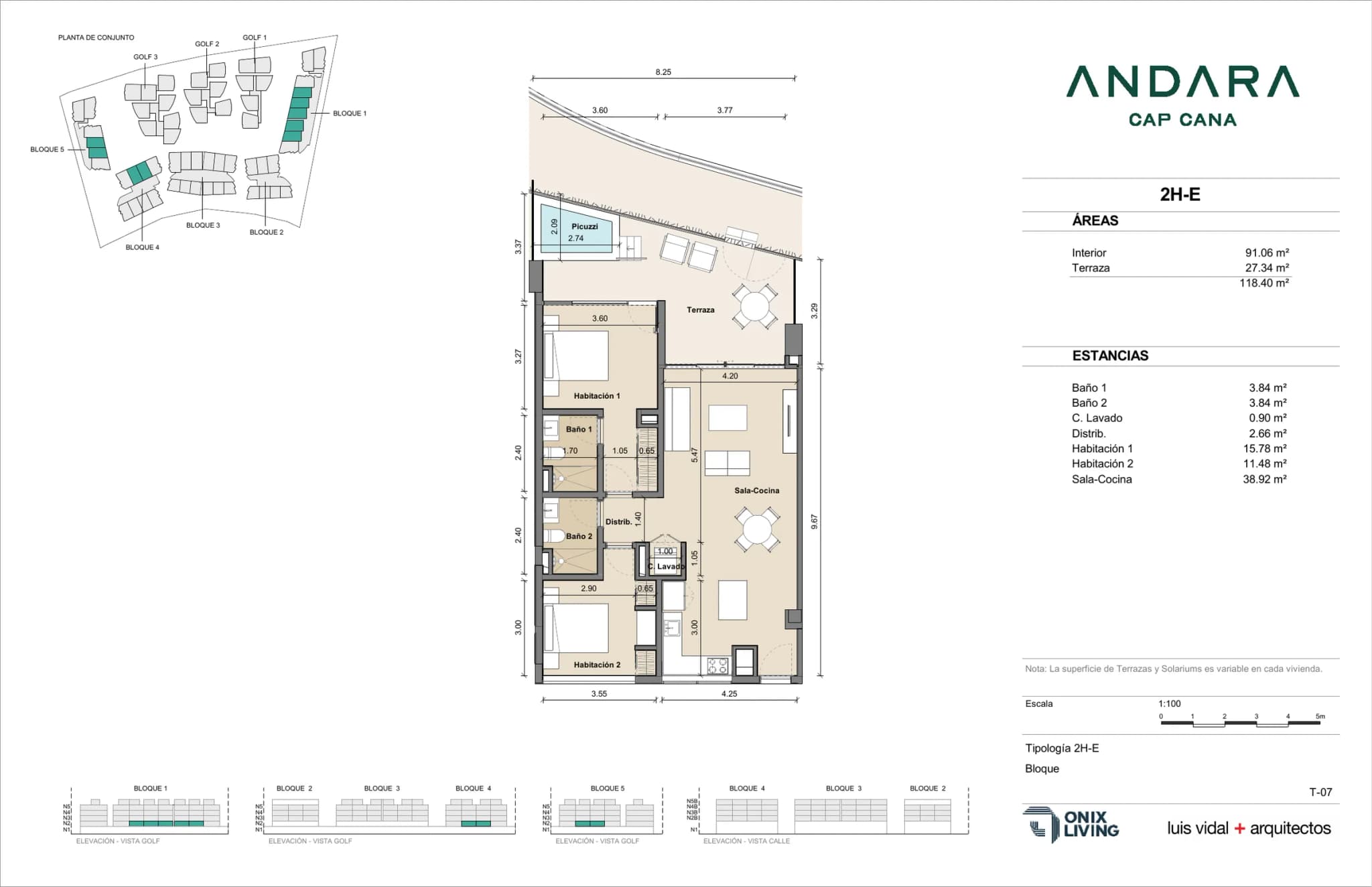 Plano tipo de 2 Dormitorios · 2H-E en Andara