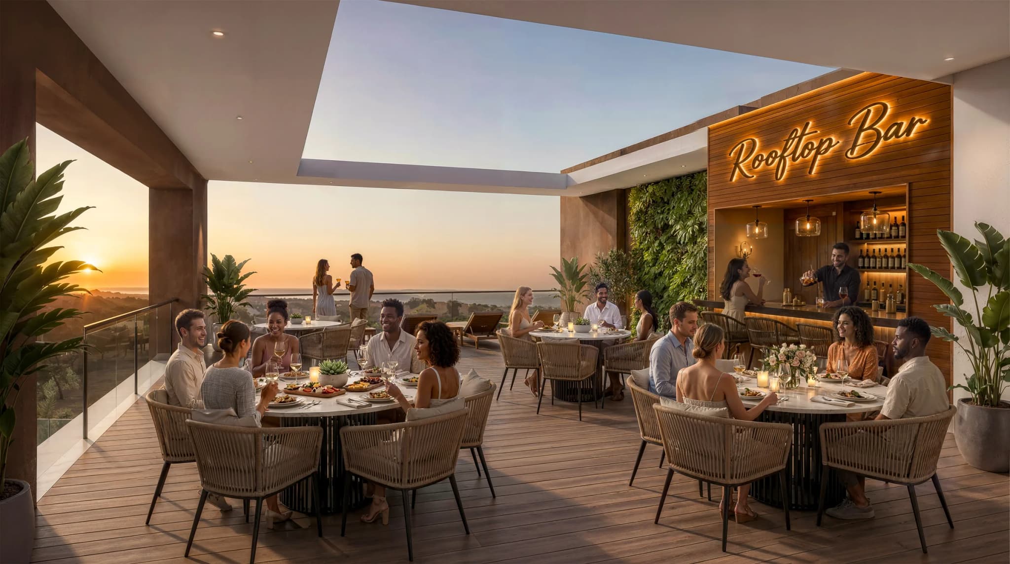 Rooftop bar con mesas en una terraza de madera al atardecer