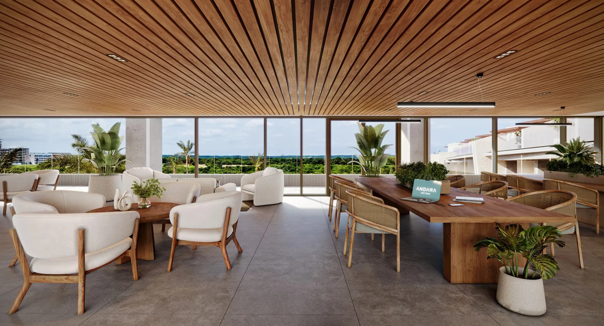 Coworking con techo de listones de madera y mesas junto a los ventanales