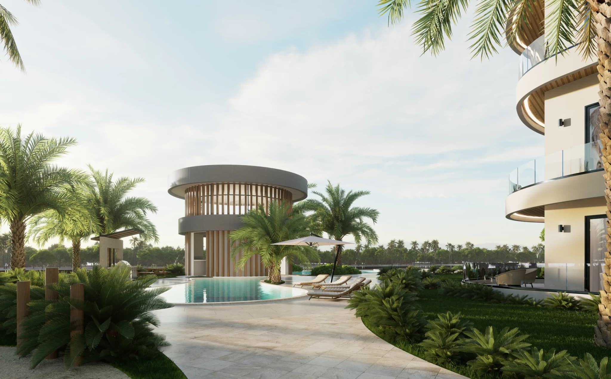 Gazebo circular junto a la piscina, con el lago detrás