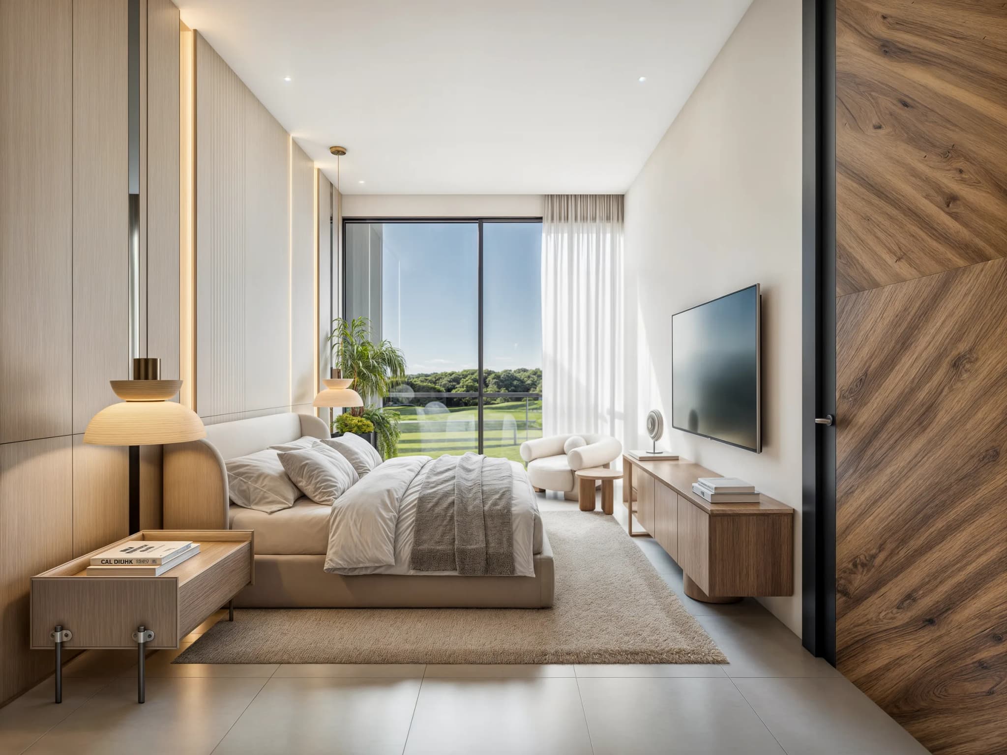 Habitación de un apartamento Tipo B con ventanal hacia el campo de golf