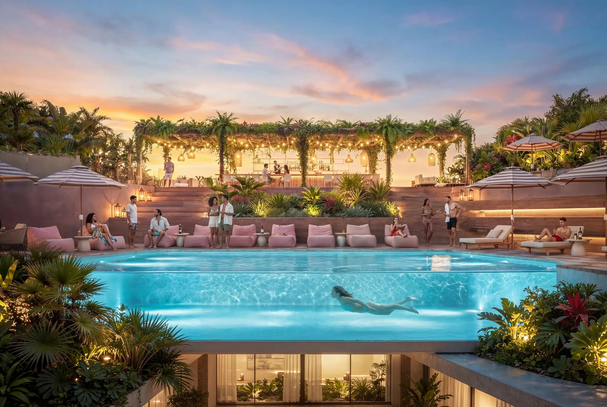 Piscina del rooftop rodeada de tumbonas y pérgolas con vegetación