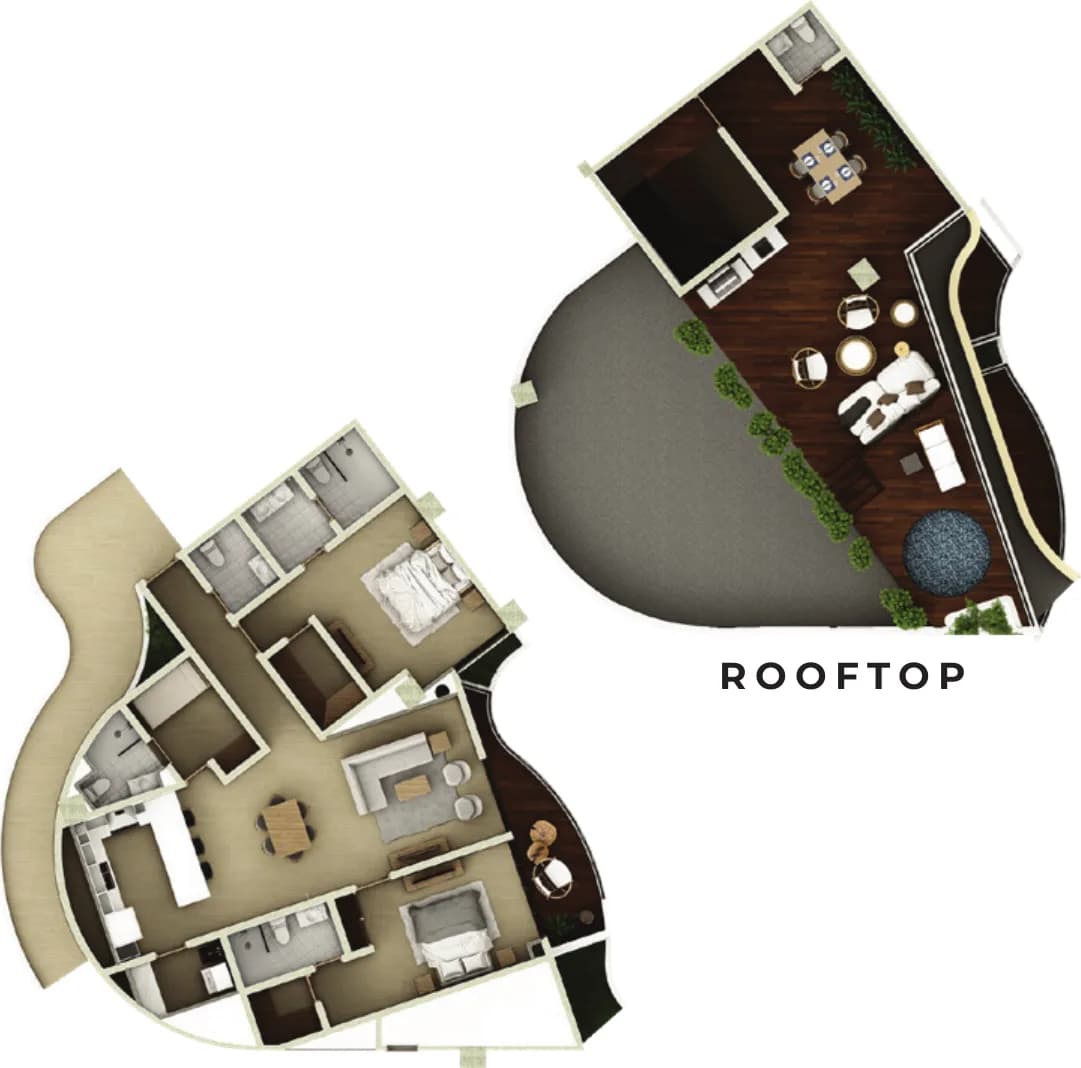Plano tipo de Tipo F Rooftop · 2 dormitorios en Circle Residences