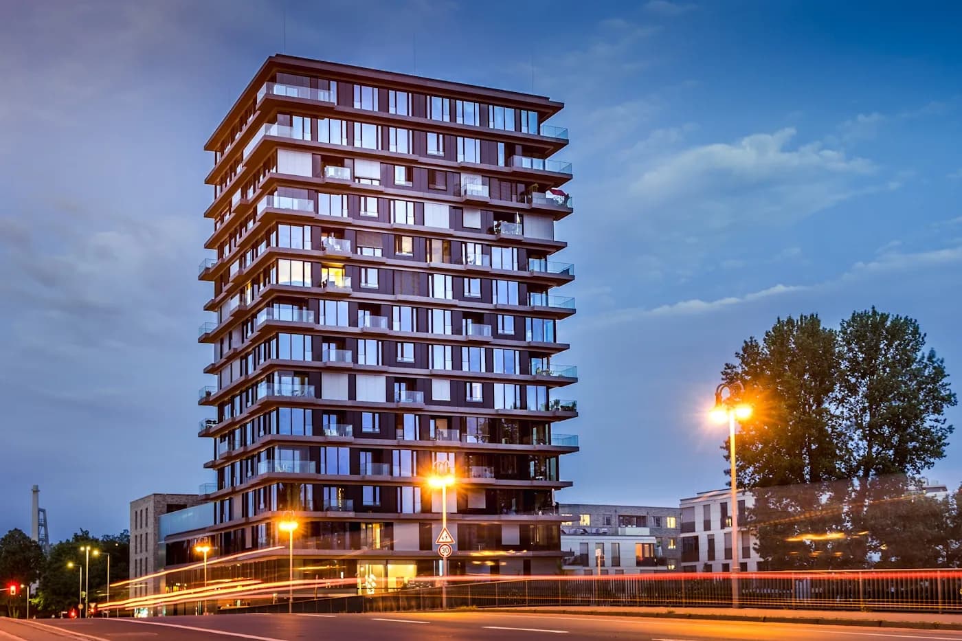 Finished residential building at dusk