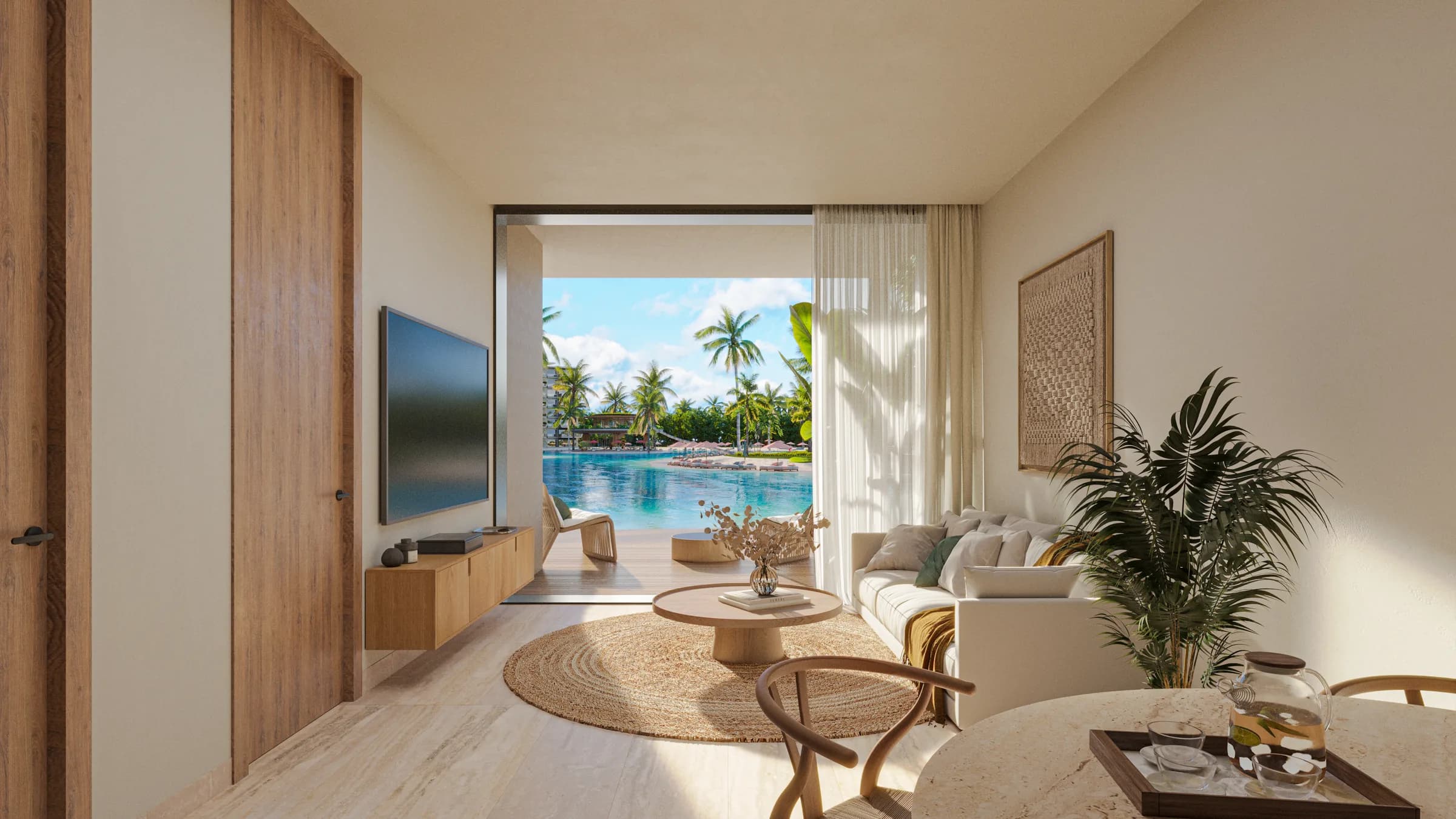 Apartment interior opening onto the terrace and the beach