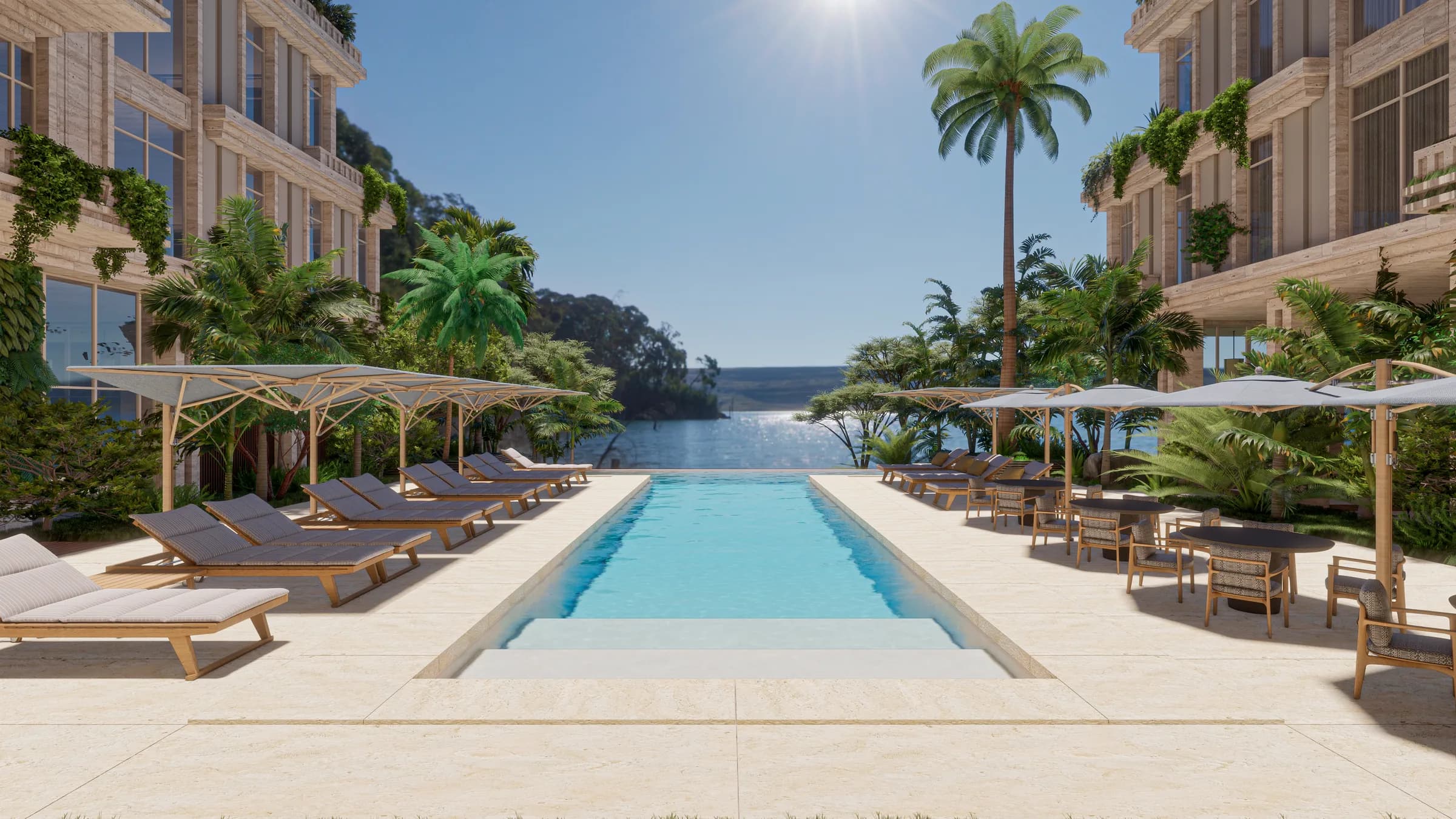 Pool between the two wings of the building