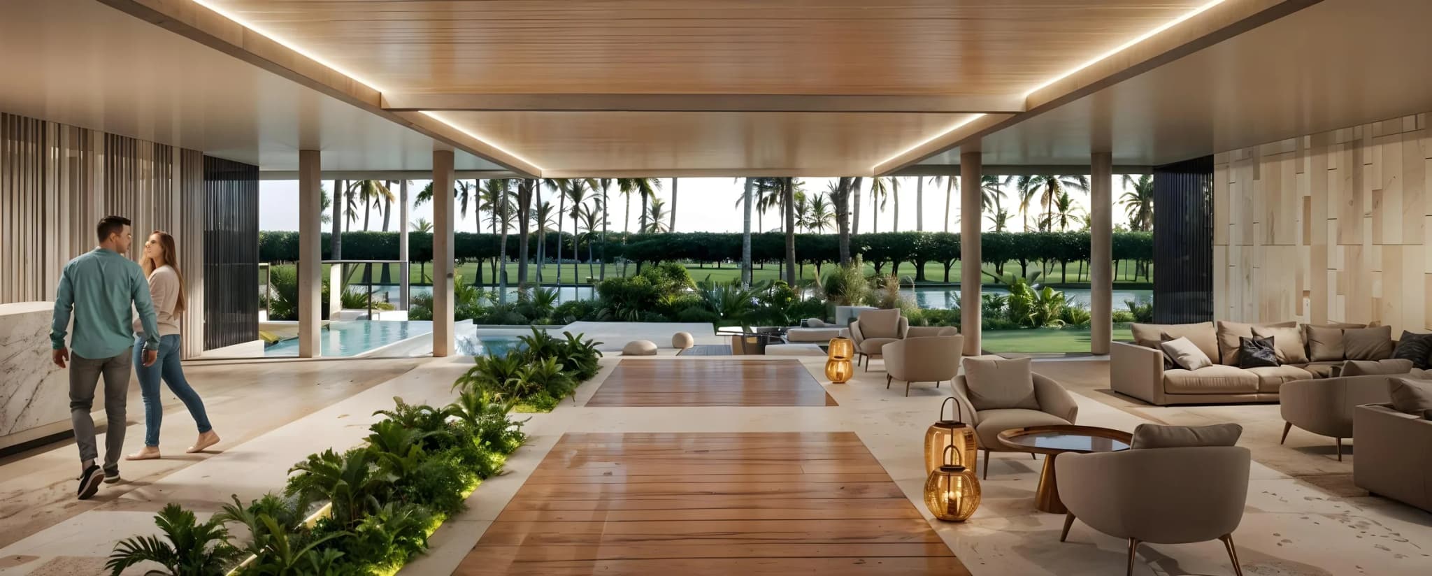 Lobby abierto con piso de madera y vista a los jardines