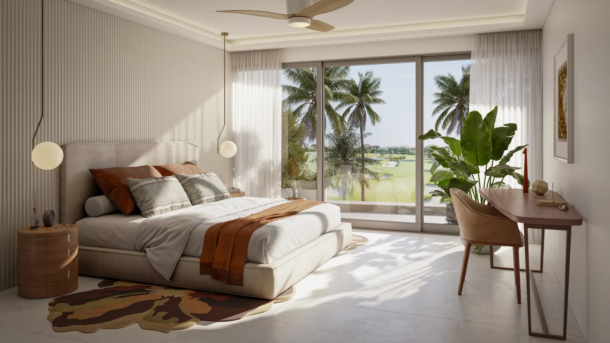 Dormitorio principal con ventanal hacia el campo de golf