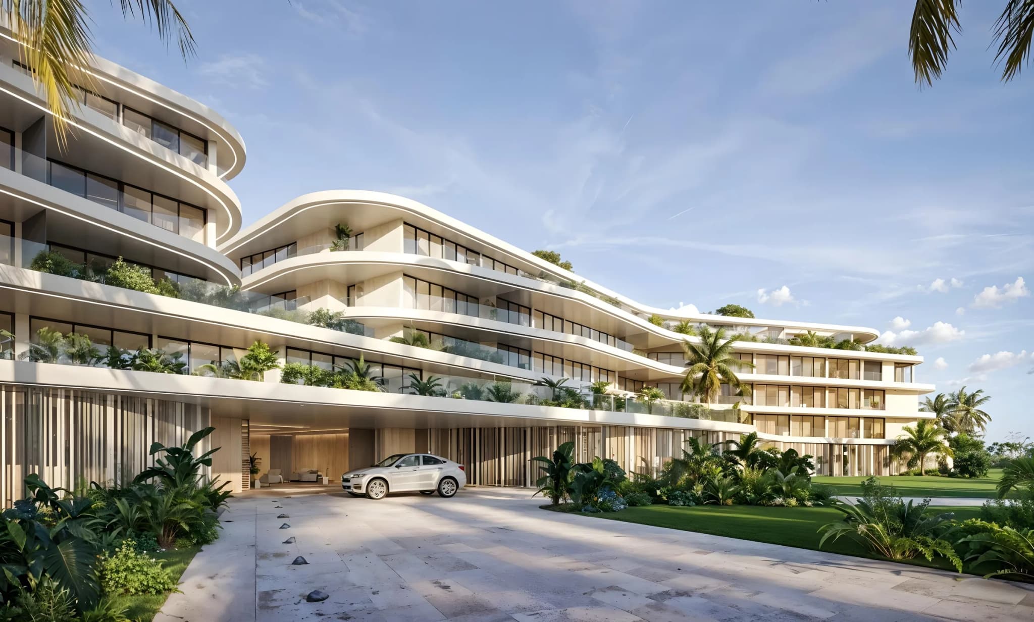 Fachada de Reef & Golf Residences, con terrazas curvas ajardinadas y el acceso vehicular