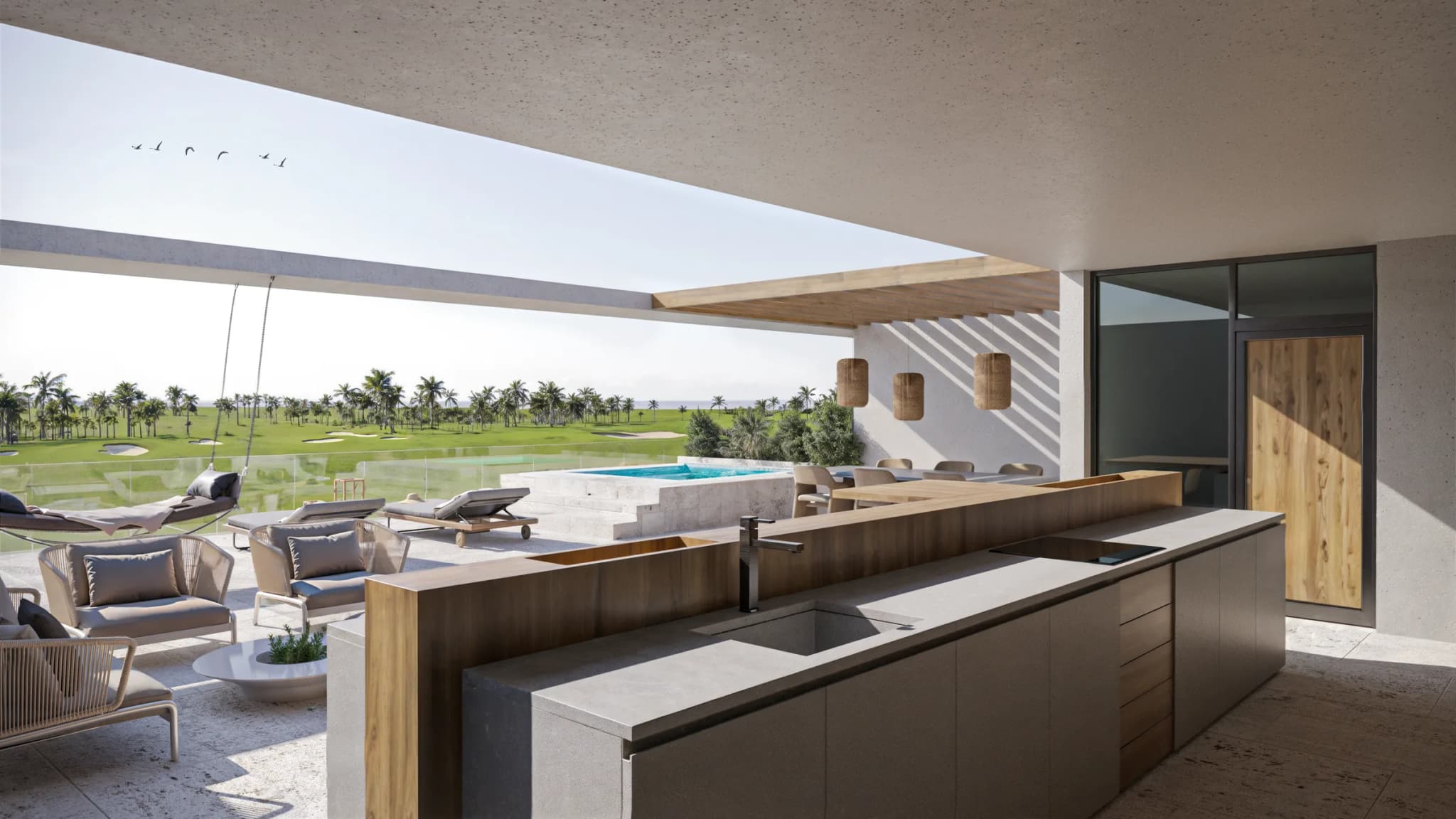 Terraza con cocina exterior, jacuzzi y vista al campo de golf