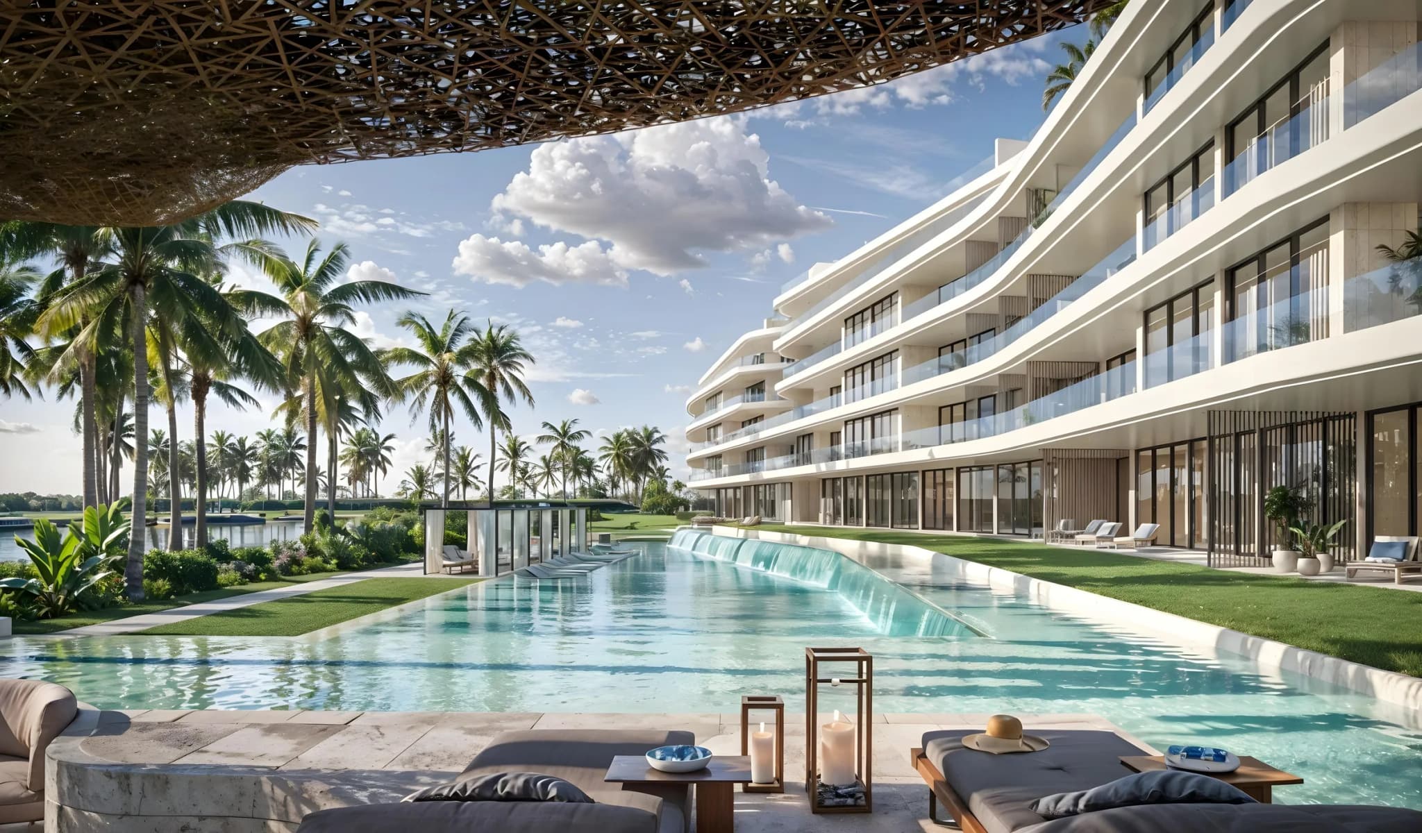 La piscina entre palmeras, vista desde una zona de descanso cubierta