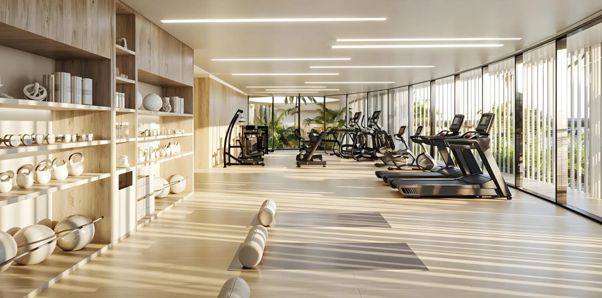 Gimnasio con ventanales de piso a techo
